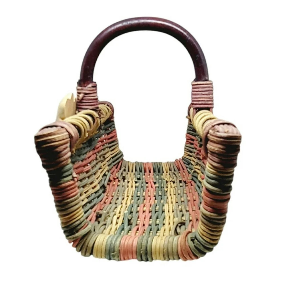 Colored Woven Basket with Wooden Leaves and Acorns Accents